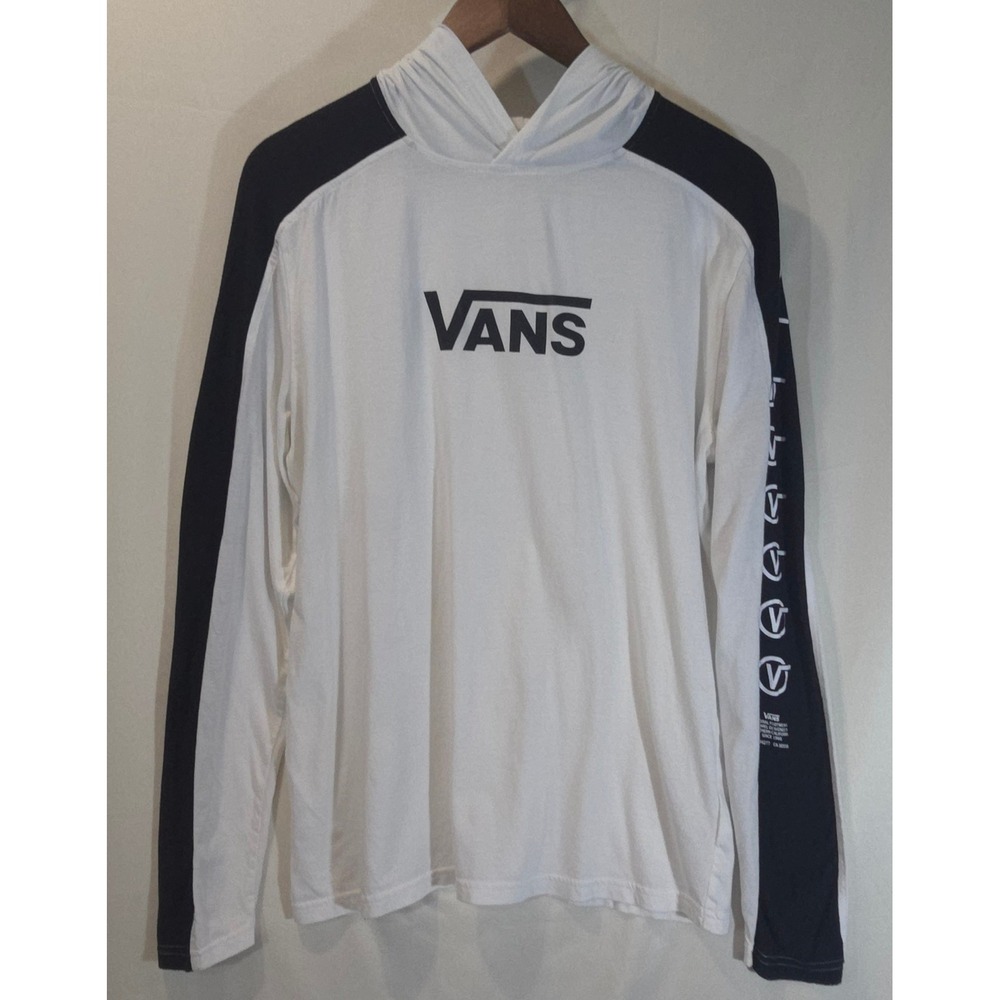 Vans‎ Mens Long Sleeve Hooded T-Shirt White Black Colorblock Graphic Logo Size M